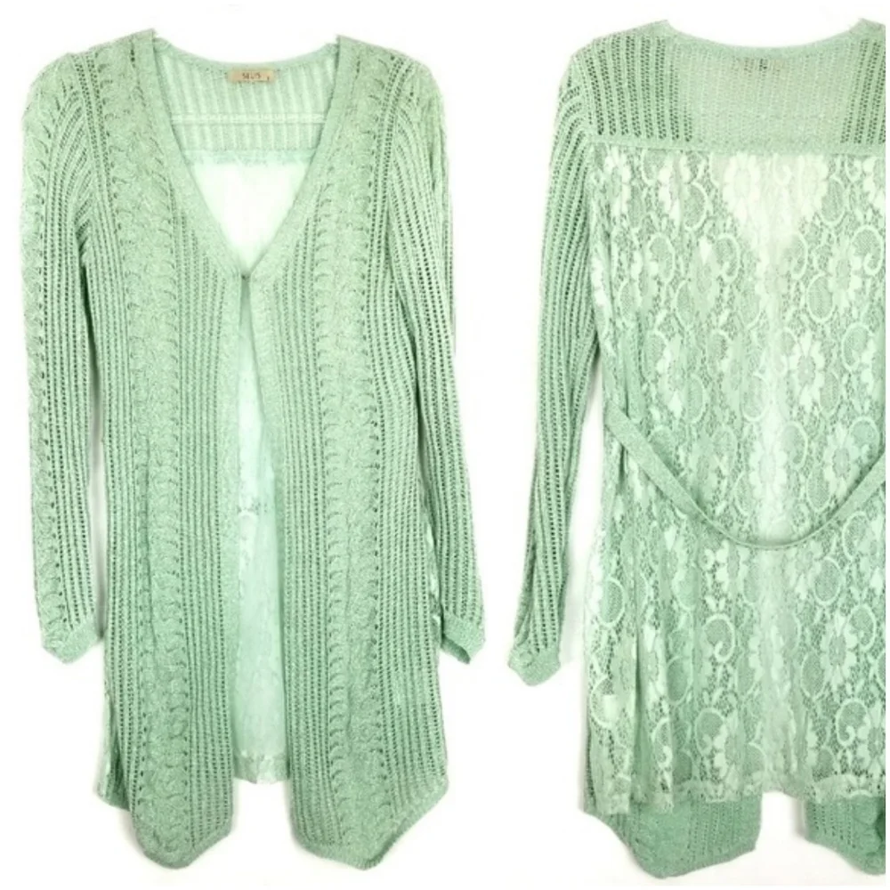 SELIS Mint Metallic Knit and Lace Cardigan